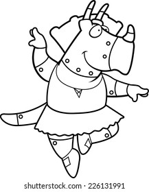 A cartoon illustration of a robot triceratops dinosaur ballerina dancing.