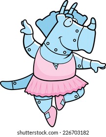 A cartoon illustration of a robot triceratops dinosaur ballerina dancing.