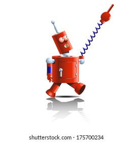 cartoon illustration of robot walking forward with up hand and pointing. leader concept. isloated
