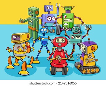 Ilustración de dibujos animados de robots y droides grupo de personajes cómicos