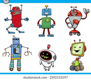 Cartoon illustration of robots or droids science fiction fantasy characters set