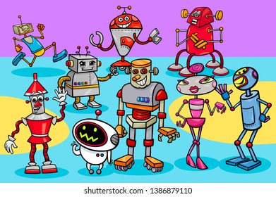 Cartoon Illustration of Robots Fantasy or Science Fiction Characters Group