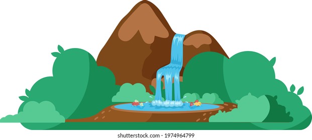Cartoon illustration of rock and falling water, tropical river and waterfall. Beautiful waterfall in mountains landscape with trees, rocks and sky. Green wood with wild nature, lake and bush foliage