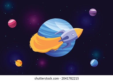 Cartoon illustration rocket flying around planet space in galaxy vector background.