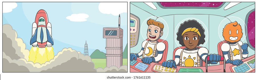 Cartoon illustration of a rocket launch with three astronauts, with a black woman leading the team