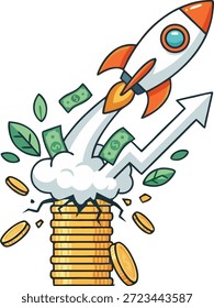 Ilustração de Foguete Lançamento de Cartoon a partir de Pilha de Moedas