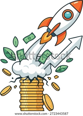 Cartoon Illustration of Rocket Launching from Stack of Coins