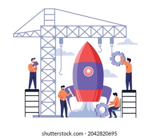 Cartoon Illustration Of Rocket Manufactures By Scientist In Factory Background.