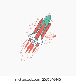 A cartoon illustration of a rocket ship taking off into space with a planet in the background.