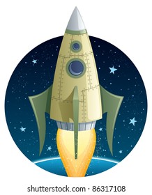 Cartoon illustration of rocket in space.