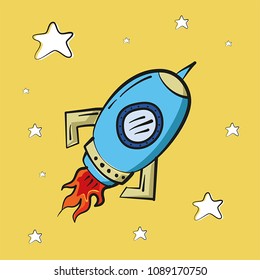 CARTOON ILLUSTRATION OF ROCKET IN SPACE, HAND DRAWN, SKETCH