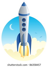 Cartoon illustration of rocket taking off. 
