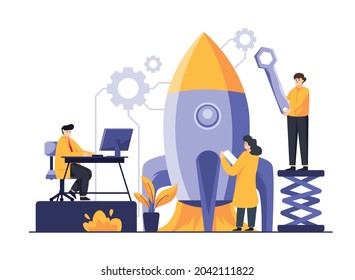 Cartoon illustration of rocket under maintenance by engineers vector background.