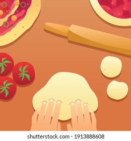 Cartoon illustration of rolling and sculpting pizza dough with red tomatoes and delicious spices.