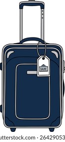Cartoon illustration of a rolling suitcase with a bank tag, travel and financial concept