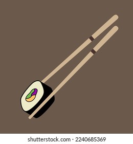 Cartoon illustration of rolls. Asian sushi cuisine with chopsticks