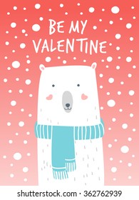Cartoon Illustration Romantic Polar and Snow. Hand drawn cute illustration white bear. Valentine's card. Vector illustration romantic mood. Valentine's greetings with polar bear and snow. 
