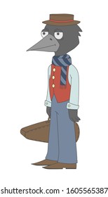 Cartoon illustration with romantic raven musician. Humanization. Raven wearing jeans and hat, holding violin - vector drawing.