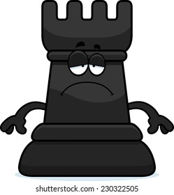 A cartoon illustration of a rook chess piece looking sad.