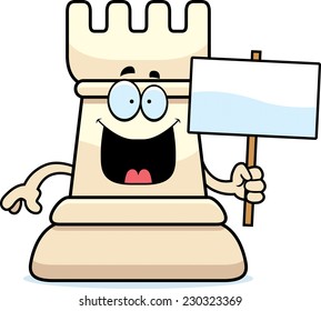 A cartoon illustration of a rook chess piece holding a sign.