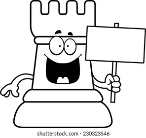 A cartoon illustration of a rook chess piece holding a sign.