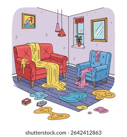 Cartoon illustration of a room with melting furniture, books, and wall decor, creating colorful puddles on the floor.