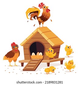 Cartoon Illustration Of Rooster Chicken And Chicks