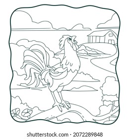cartoon illustration the rooster crows on the tree trunk book or page for kids black and white