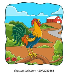 cartoon illustration the rooster crows on the tree trunk