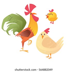 Cartoon illustration of rooster, hen and chicken, isolated on white. Vector