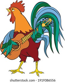 Cartoon Illustration of rooster plays the guitar. Rooster musician Wild Animal Character