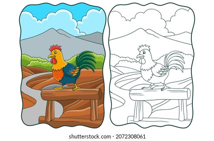 cartoon illustration The rooster prepares to crow on the log book or page for kids