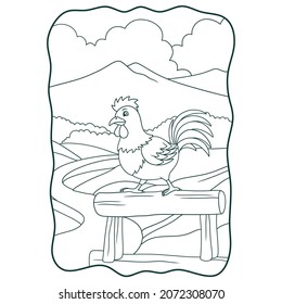 cartoon illustration The rooster prepares to crow on the log book or page for kids black and white