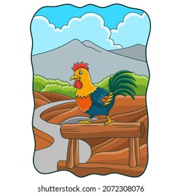 cartoon illustration The rooster prepares to crow on the log