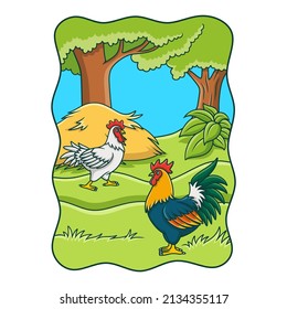 cartoon illustration a rooster is walking towards a hen in the middle of the forest near the hay