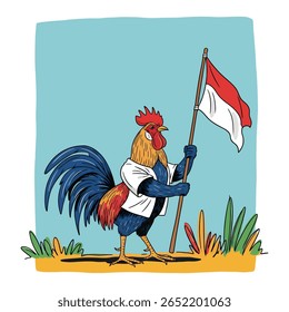 Ilustração em desenho animado de um galo vestindo uma camisa branca, segurando uma bandeira vermelha e branca em um poste de madeira, de pé na grama.
