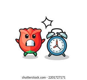Cartoon Illustration of rose is surprised with a giant alarm clock , cute design