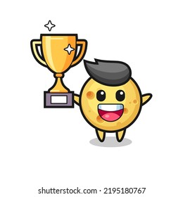 Cartoon Illustration of round cheese is happy holding up the golden trophy , cute style design for t shirt, sticker, logo element