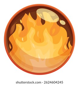 Ilustração de desenho animado de um quadro redondo queimando com fogo quente brilhante