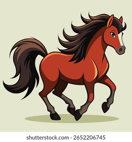 Cartoon Illustration of a Running Brown Horse with Dark Mane and Tail on Beige Background
