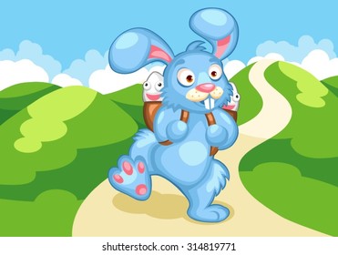 Cartoon illustration of a running easter bunny with eggs in his backpack, spring landscape, blue sky, green hills, sunny day, holiday
