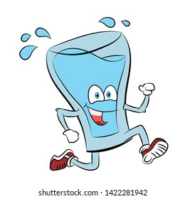 Cartoon illustration of a running glass of water with thumb up, vector illustration