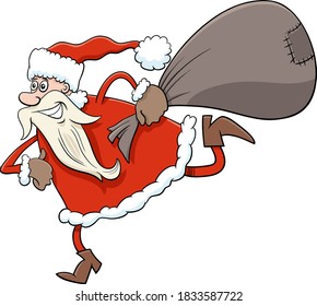 Cartoon Illustration of Running Santa Claus Christmas Character with Sack of Presents