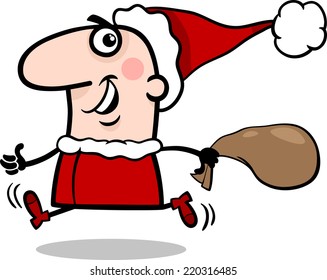 Cartoon Illustration of Running Santa Claus Character with Sack of Christmas Gifts