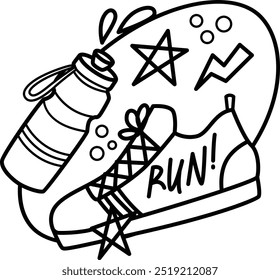 A cartoon illustration of a running shoe, water bottle, and motivational elements, encouraging you to "RUN!" in black and white coloring
