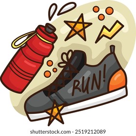 A cartoon illustration of a running shoe, water bottle, and motivational elements, encouraging you to "RUN!"