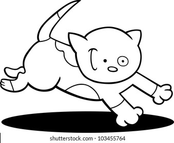 cartoon illustration of running spotted kitten for coloring book
