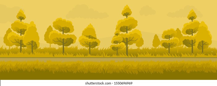 Cartoon illustration of the rural autumn landscape with trees