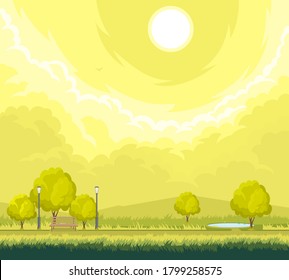 Cartoon illustration of rural autumn landscape with trees and walkway and lantern.