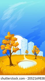 Cartoon illustration of the rural autumn landscape with city on background